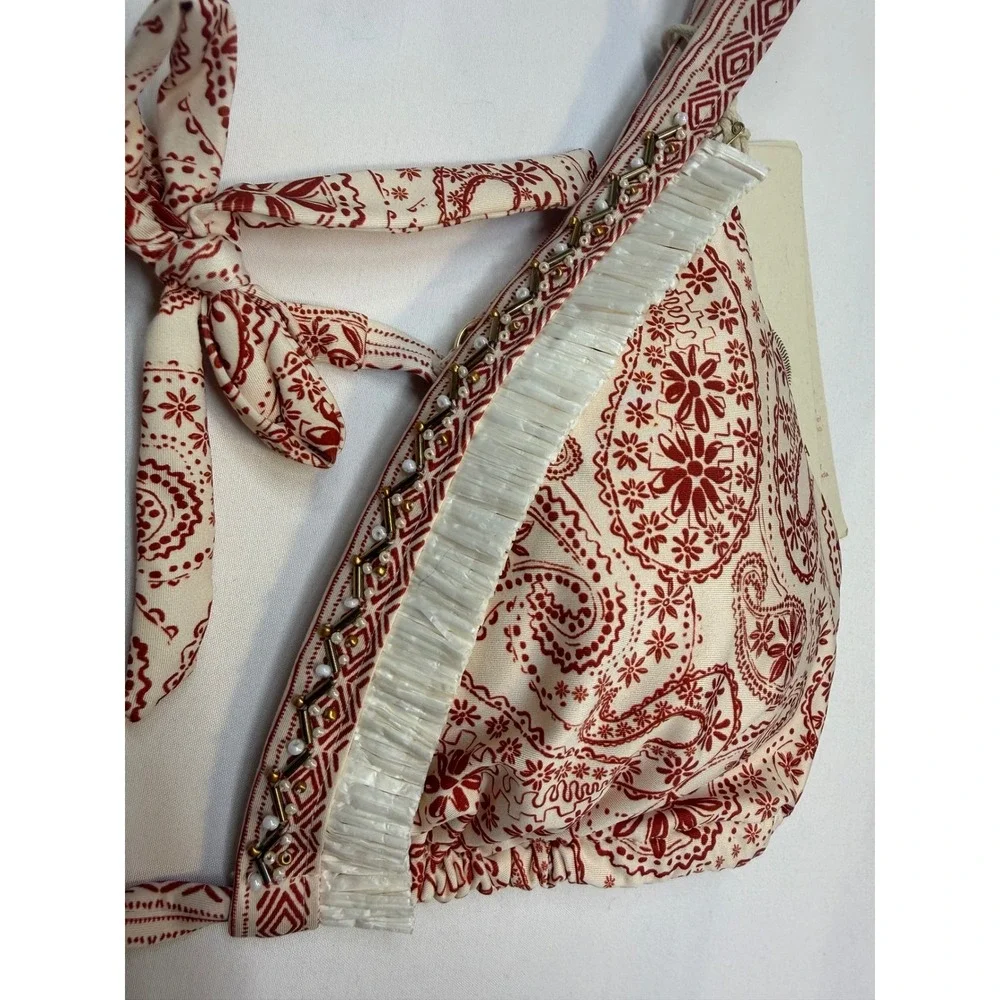 Cosita Linda Red Paisley Beaded Triangle Bikini Top NWT Size L Fringe Boho